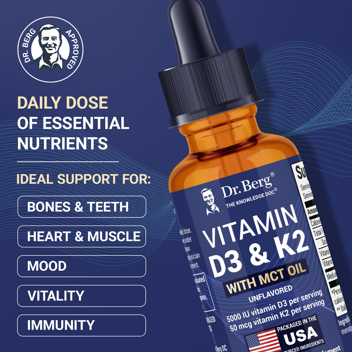 Flacon en verre des gouttes de Vitamine D3 K2 Dr. Berg avec pipette