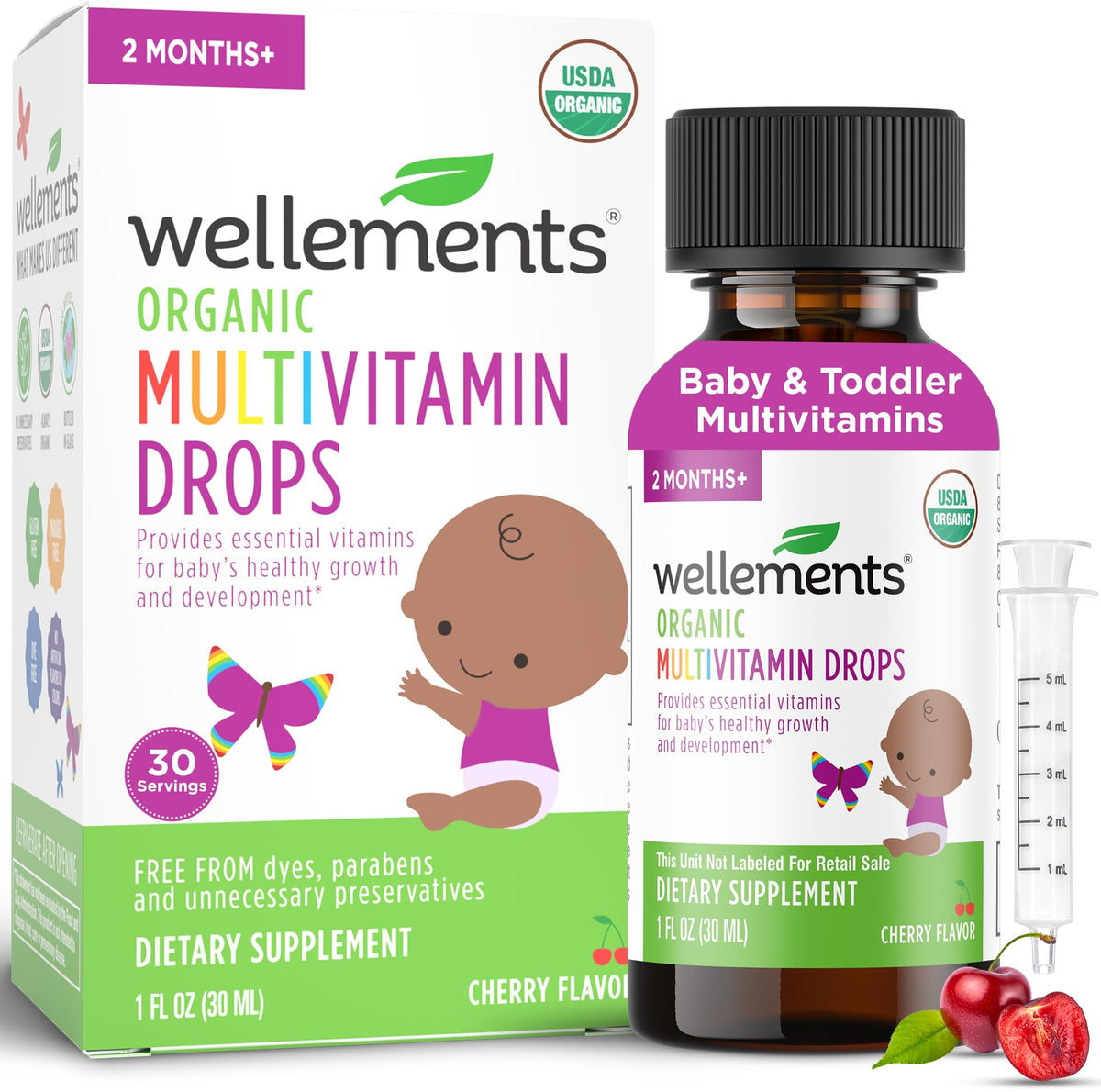 Flacon en verre des gouttes multivitamines liquides bio Wellements