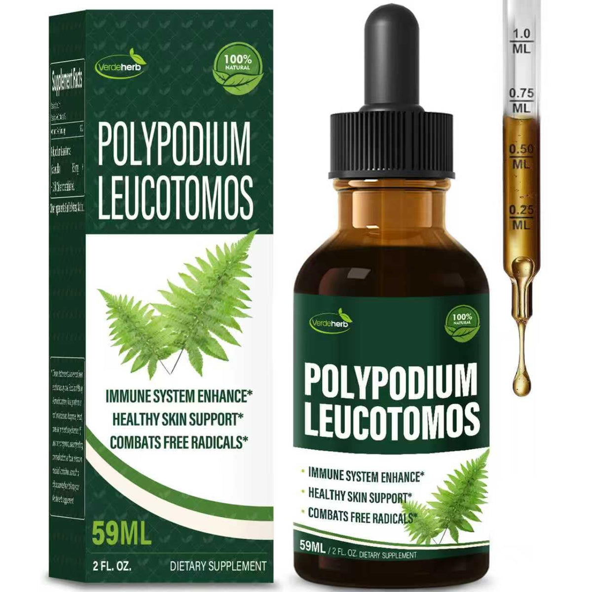 Flacon en verre des gouttes Verdeherb Polypodium leucotomos 950 mg/ml
