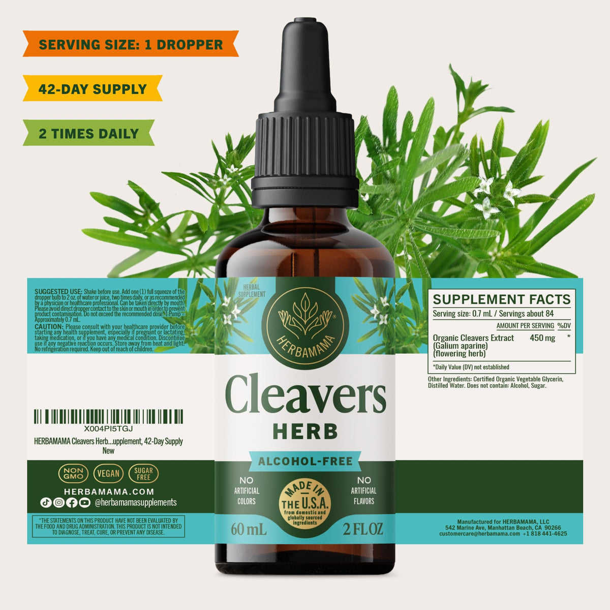 Flacon et gouttes de Cleavers HERBAMAMA sur une table