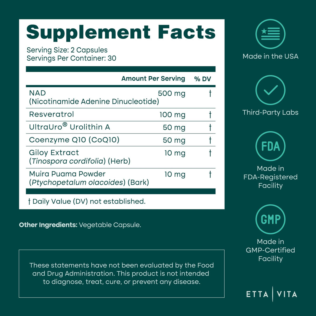 Flacon Etta Vita Liposomal NAD+ avec étiquette visible