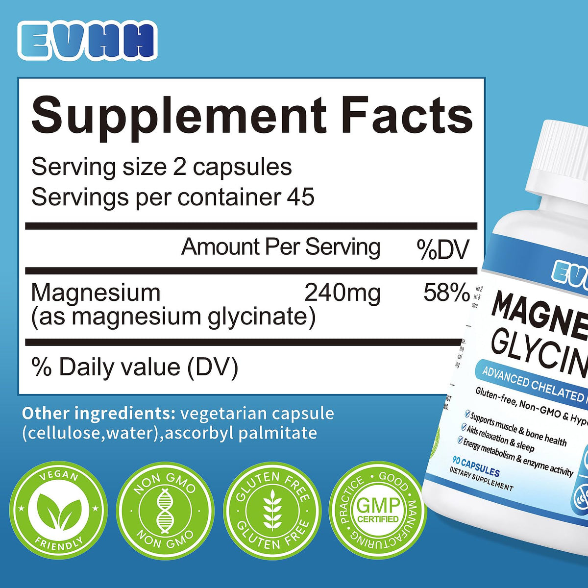 Flacon EVHH de glycinate de magnésium 240mg avec capsules à côté