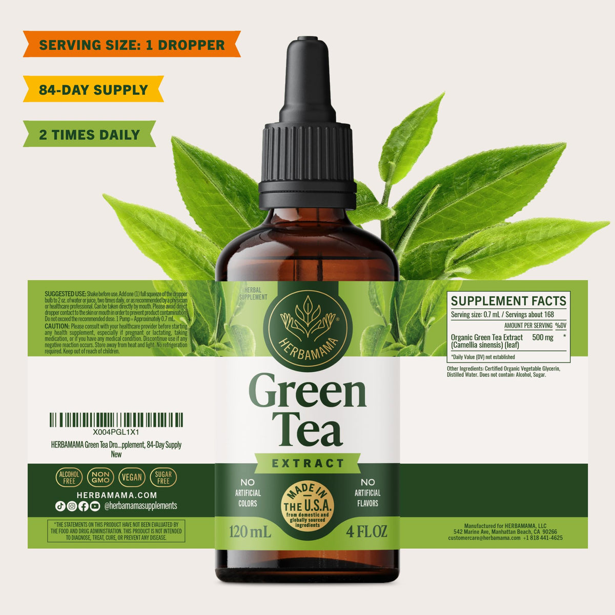Flacon Extrait de Thé Vert HERBAMAMA avec arrière-plan naturel