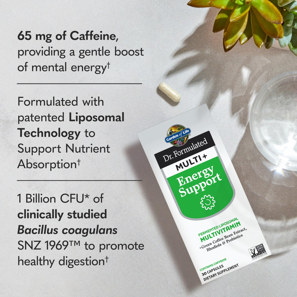 Flacon Garden of Life Multi+ Energy Support avec étiquette visible
