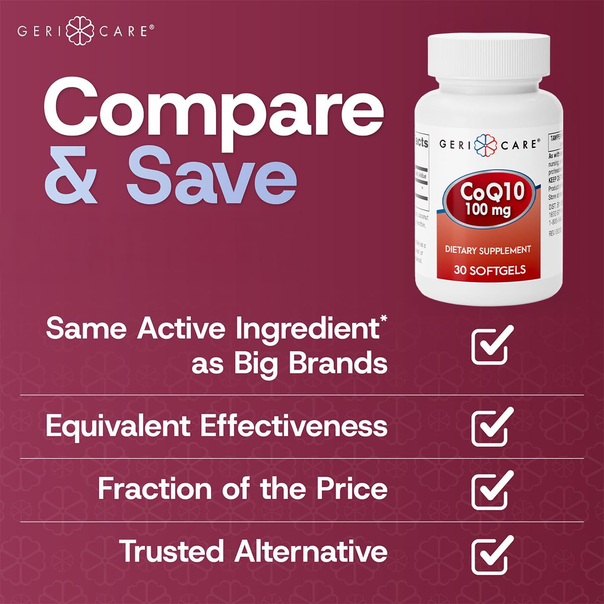 Flacon GeriCare CoQ10 100mg ouvert montrant les gélules