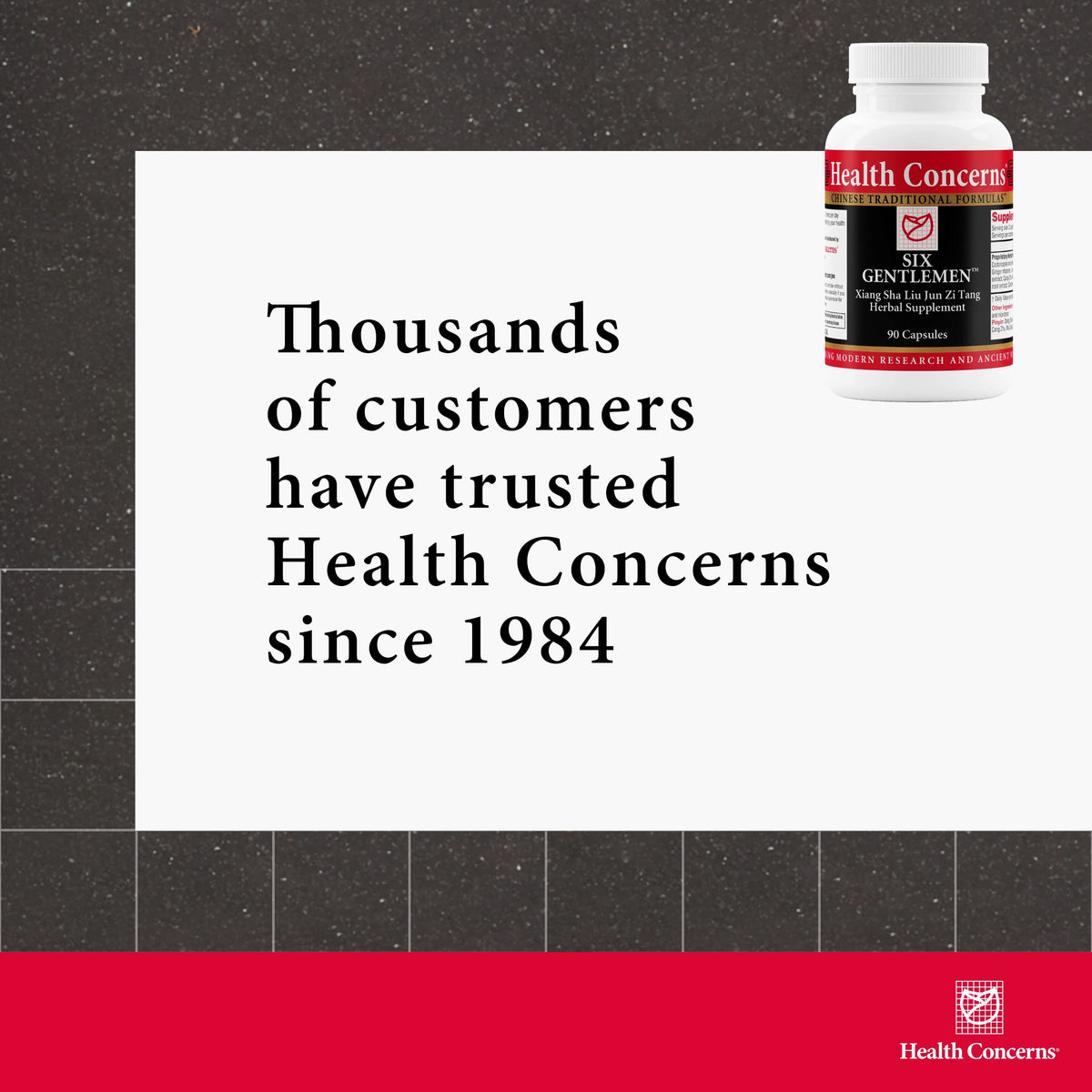 Flacon Health Concerns Six Gentlemen ouvert avec capsules à l'intérieur