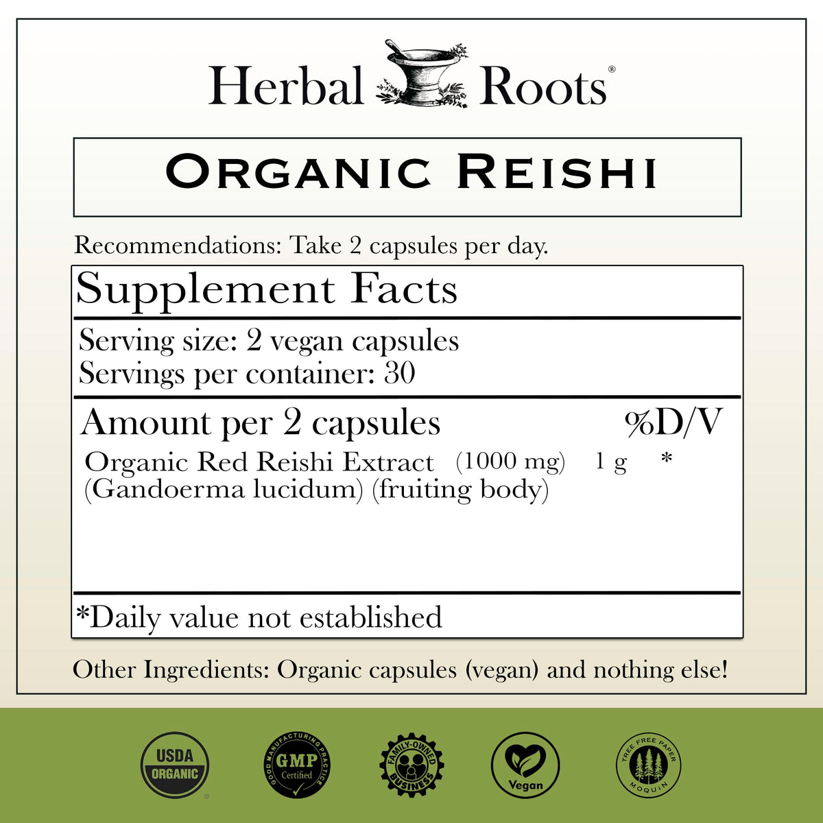 Flacon Herbal Roots avec 60 capsules de champignon Reishi