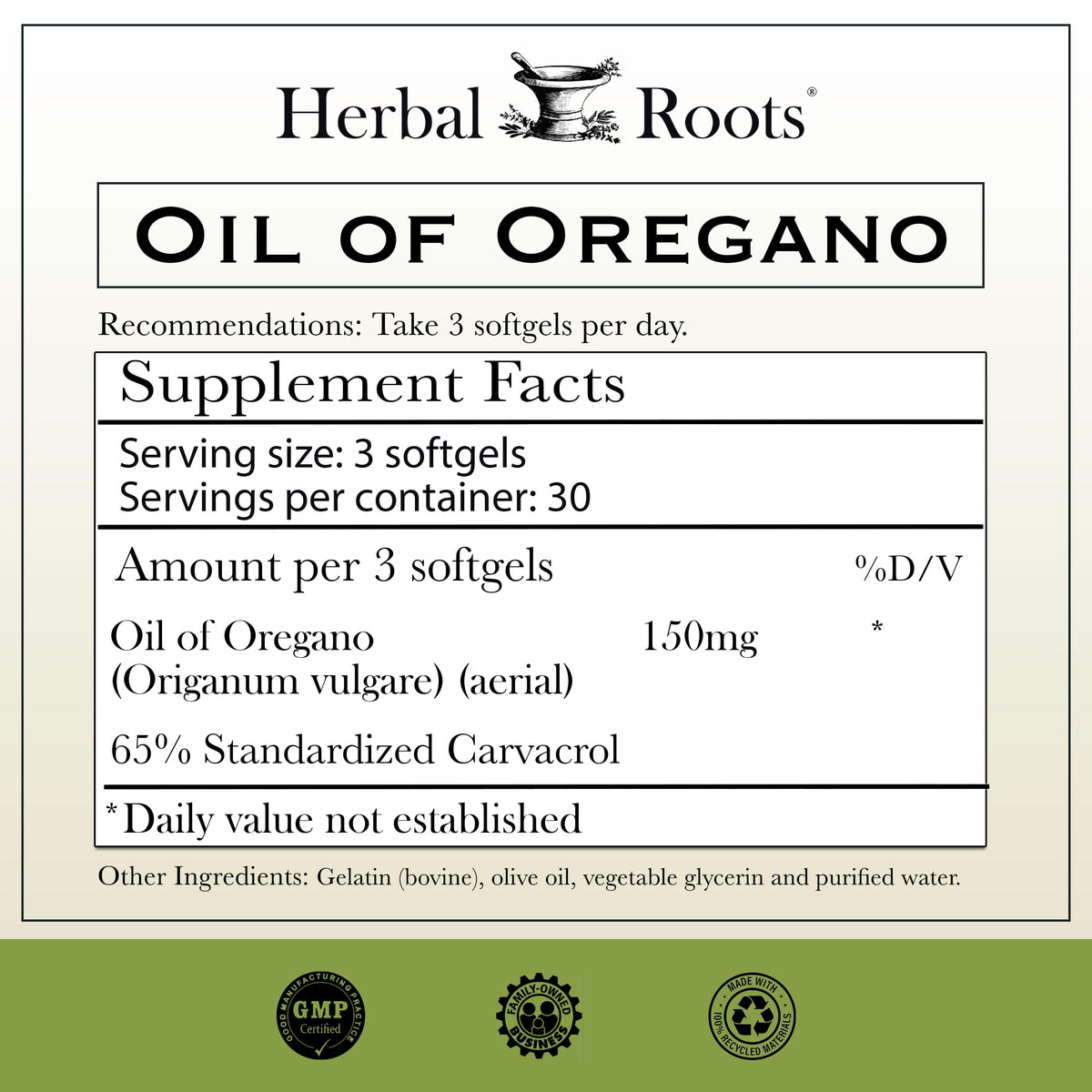 Flacon Herbal Roots Huile d'Origan avec étiquette