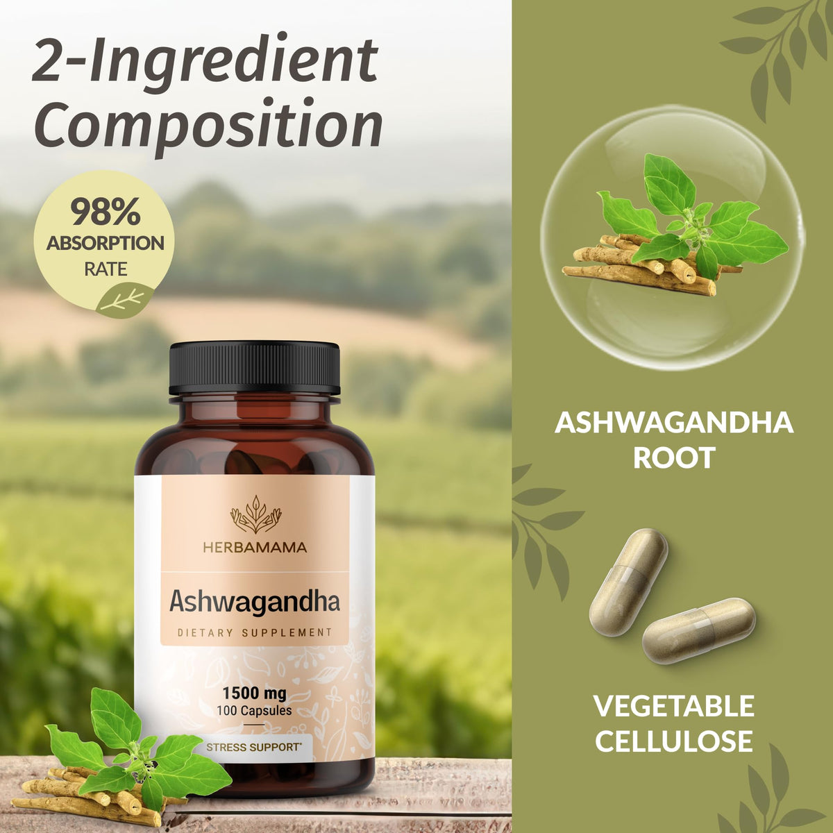 Flacon HERBAMAMA Ashwagandha avec étiquette visible