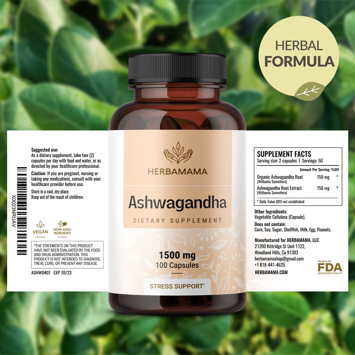 Flacon HERBAMAMA Ashwagandha ouvert avec capsules à l'intérieur