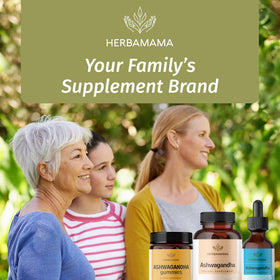 Flacon HERBAMAMA Ashwagandha sur un fond naturel