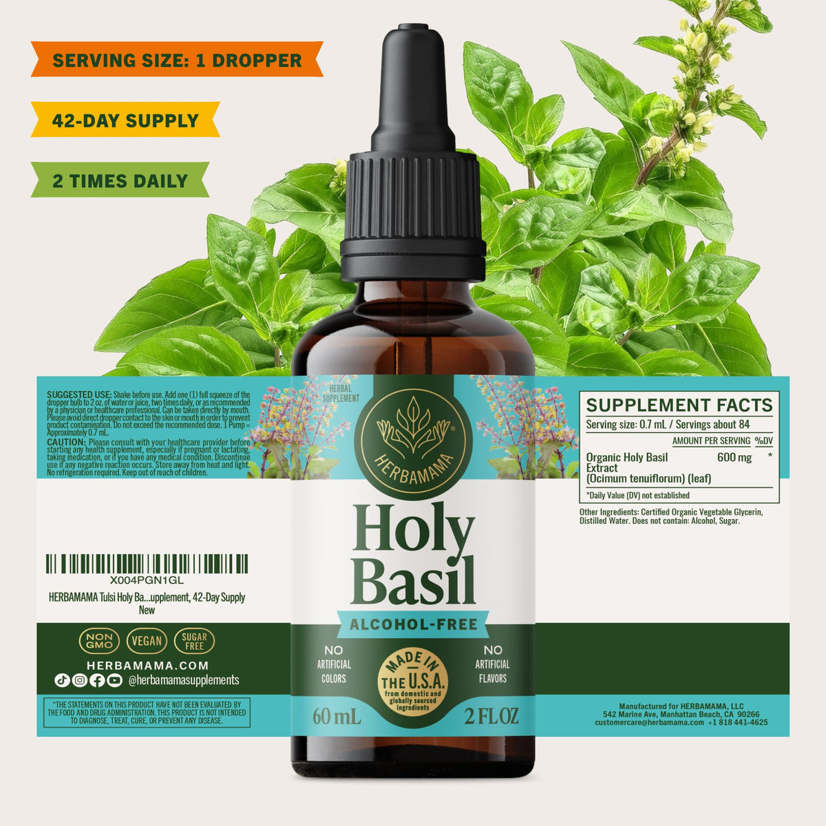 Flacon HERBAMAMA Basilic Sacré avec gouttes sur une cuillère
