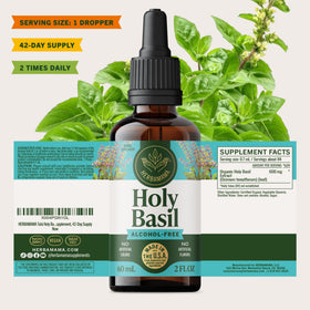 Flacon HERBAMAMA Basilic Sacré avec gouttes sur une cuillère