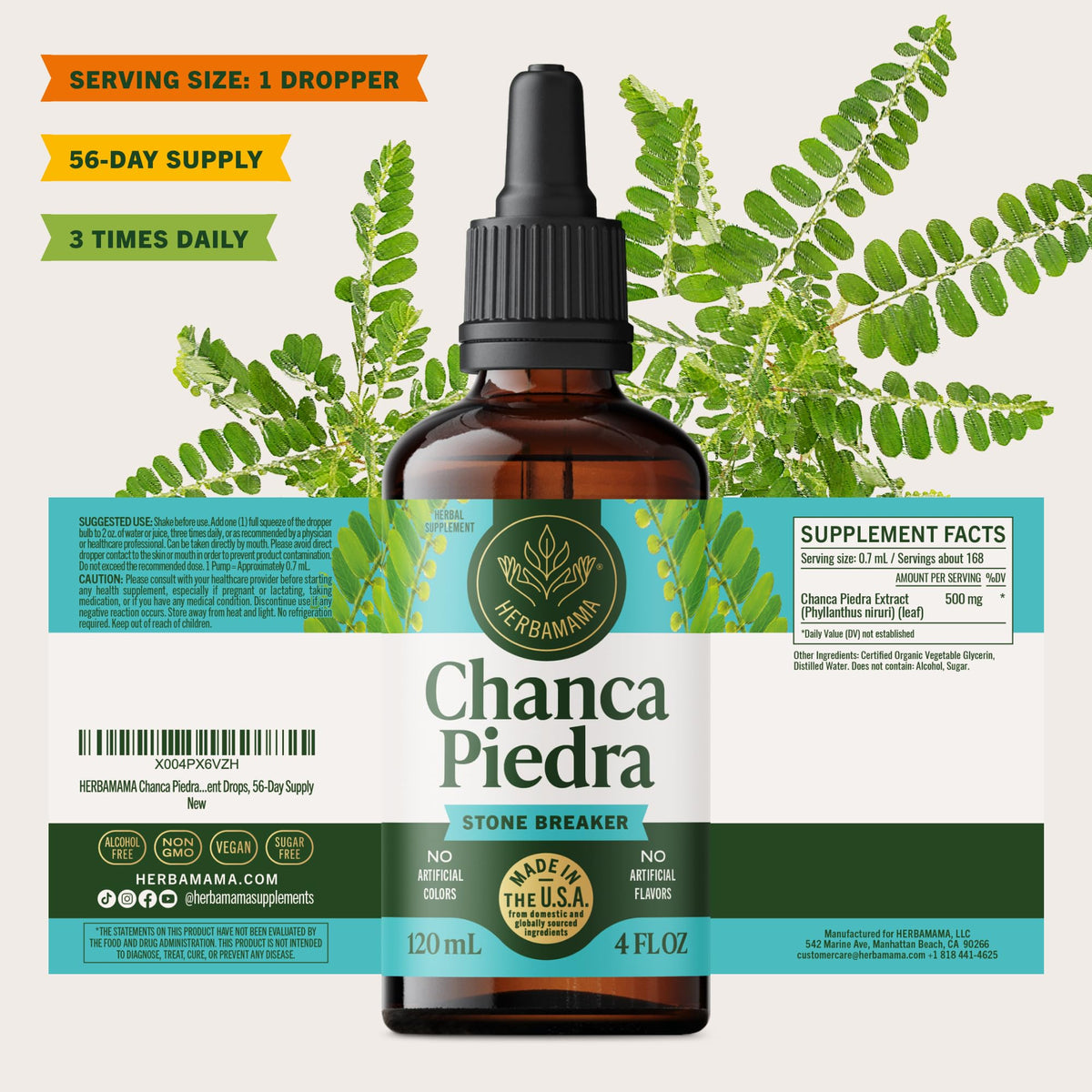 Flacon HERBAMAMA Chanca Piedra avec un verre de jus à côté