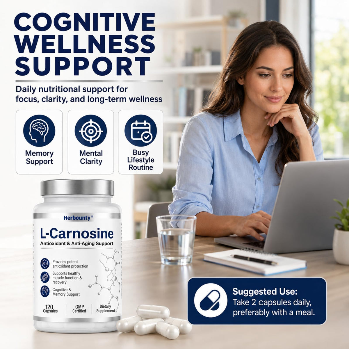 Flacon Herbounty L-Carnosine 500mg sur un bureau