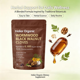 Flacon Holior Organic 18-en-1 ouvert avec gélules visibles