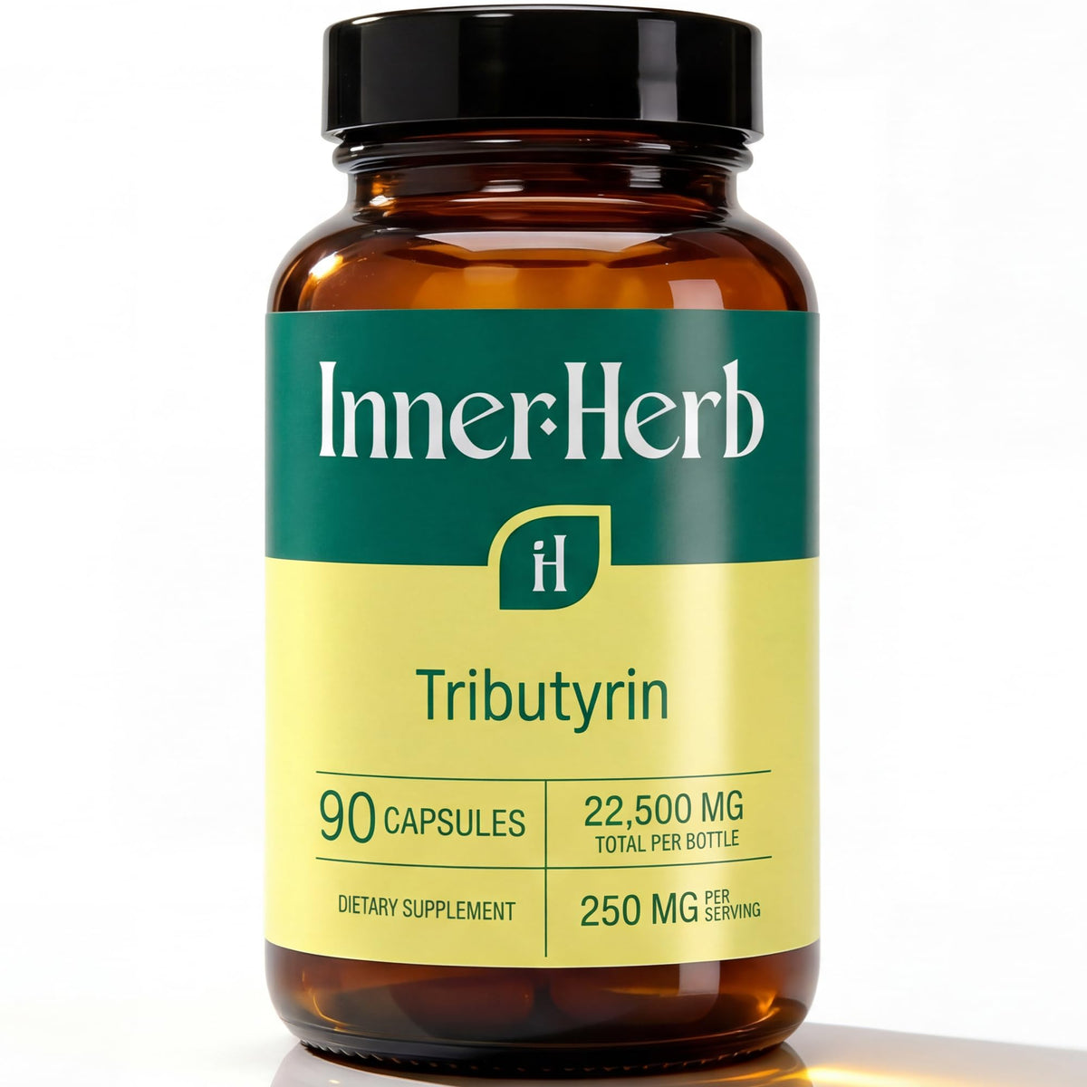 Flacon InnerHerb Complément Alimentaire Tributyrin 250mg côté avant