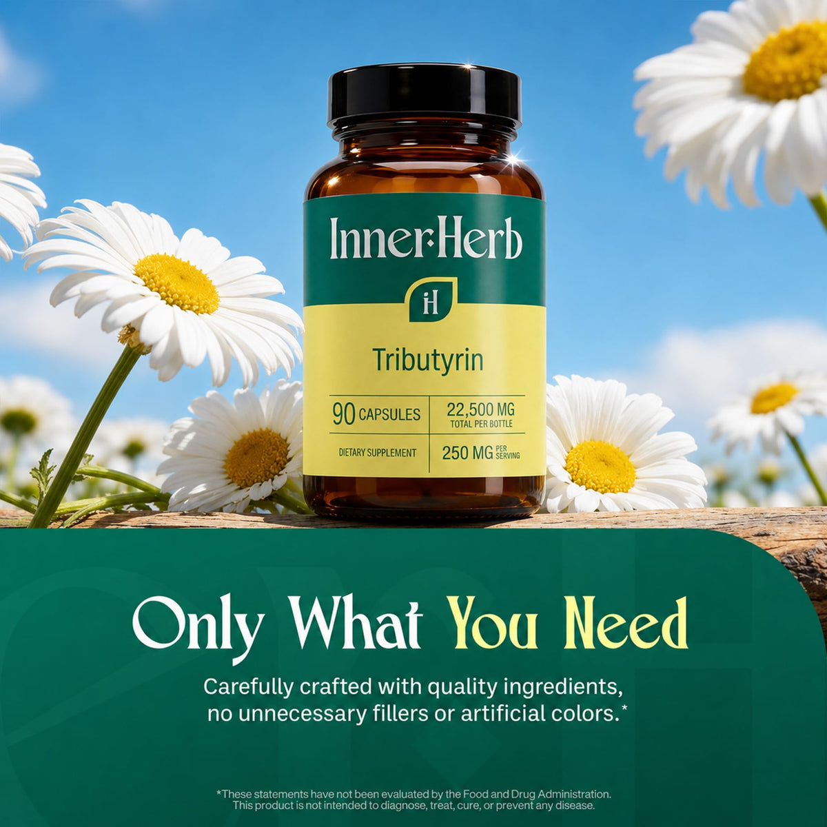 Flacon InnerHerb Tributyrin sur une table en bois