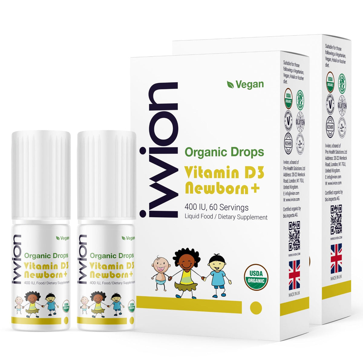 Flacon ivvion de 60 gouttes de vitamine D3 vegan, vue avant