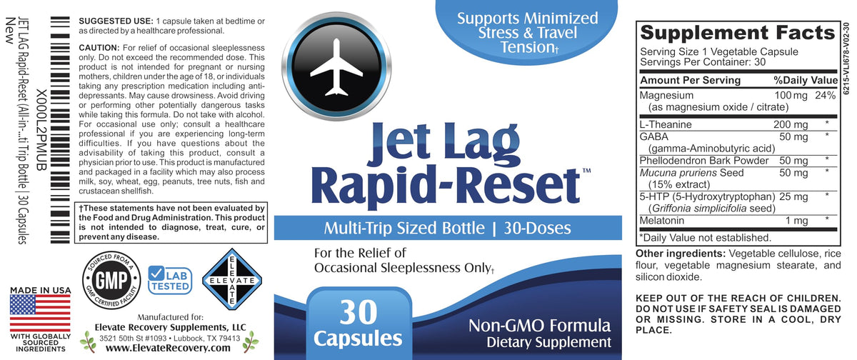 Flacon Jet Lag Rapid-Reset support avec capsules à côté