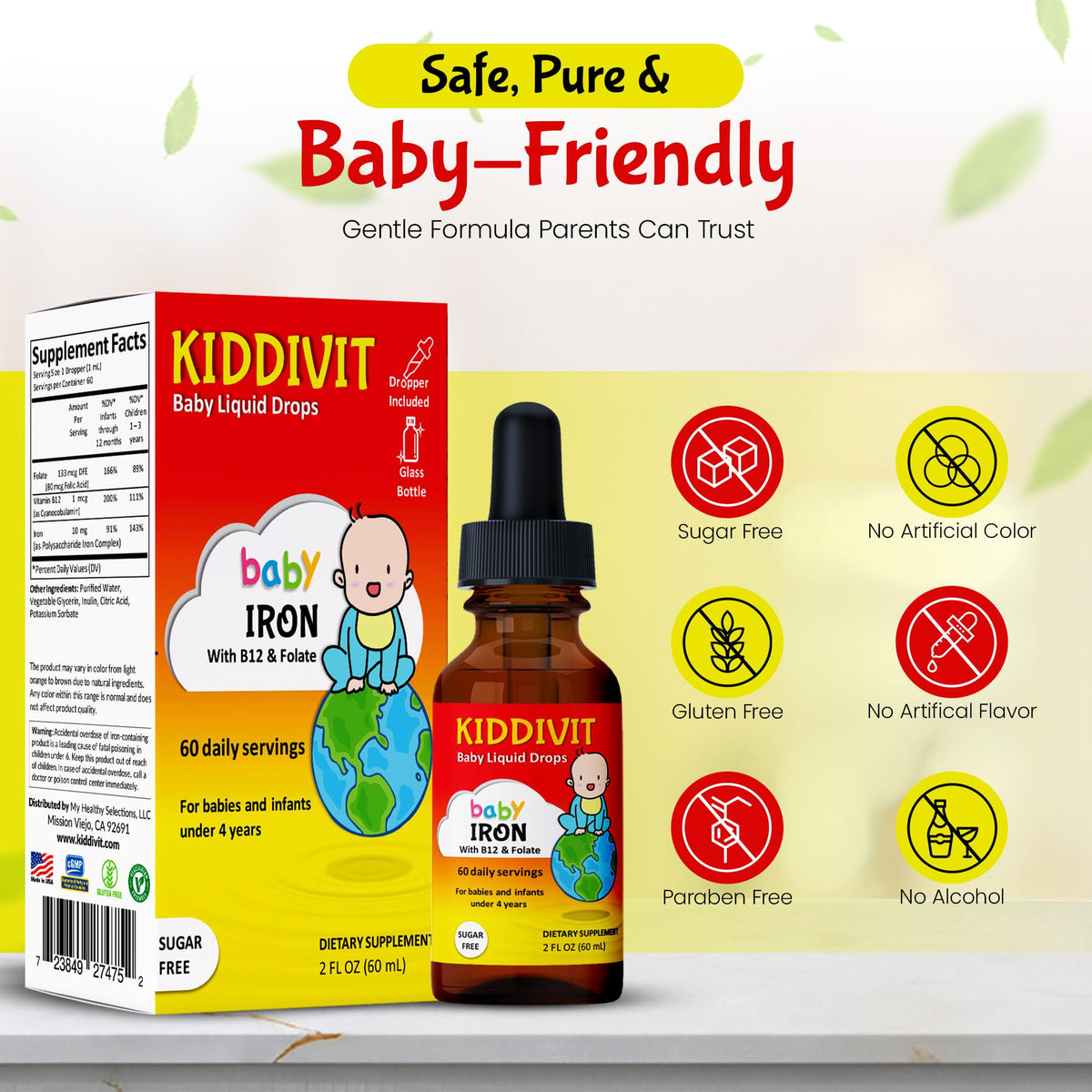 Flacon Kiddivit Fer Liquide sur une table en bois
