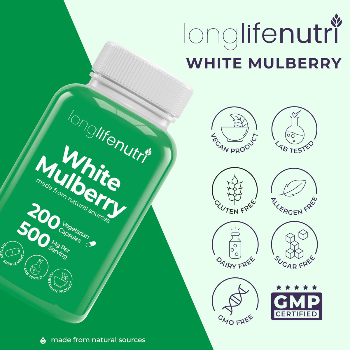 Flacon LongLifeNutri Extrait de Feuille de Mûrier Blanc 200 gélules