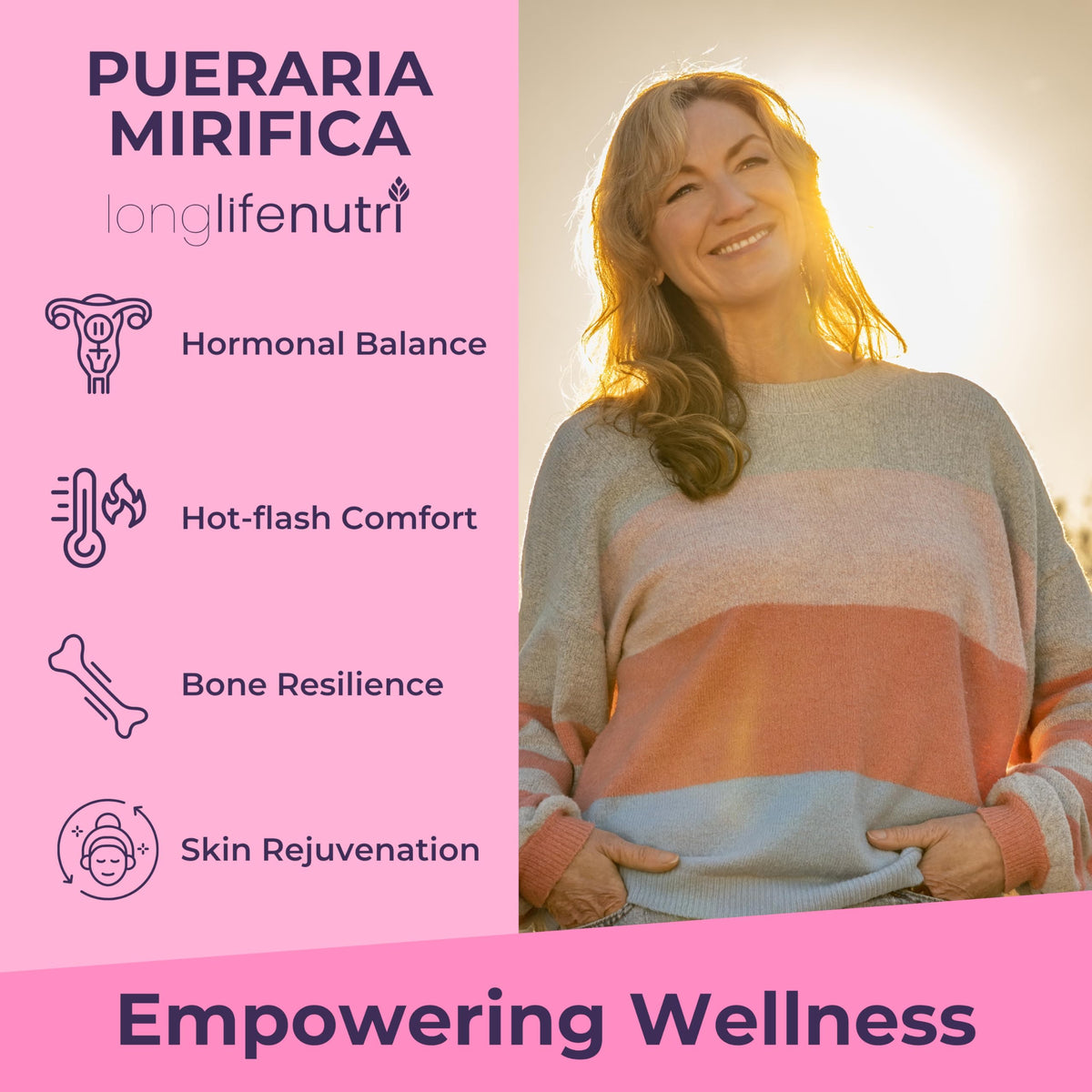 Flacon LongLifeNutri Extrait de Pueraria Mirifica avec étiquette détaillant les spécifications