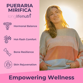 Flacon LongLifeNutri Extrait de Pueraria Mirifica avec étiquette détaillant les spécifications