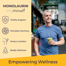Flacon LongLifeNutri Monolaurin ouvert avec capsules visibles
