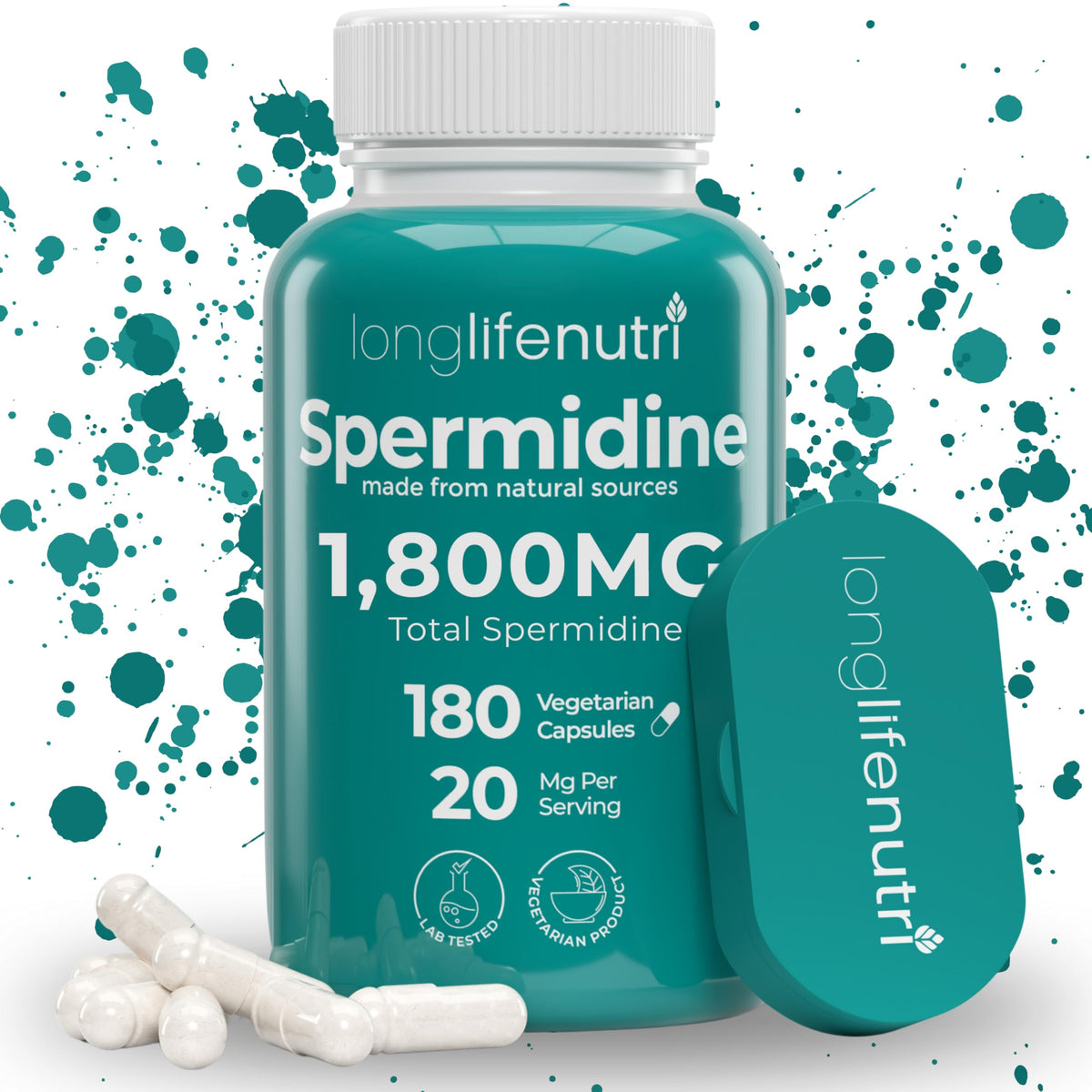 Flacon LongLifeNutri Spermidine 20mg 180 gélules vue de face