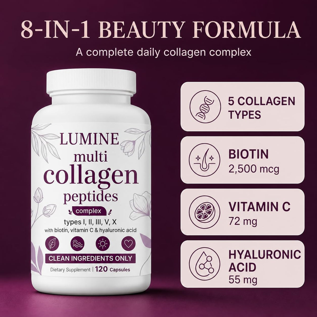 Flacon LUMINE Multi Collagen Complex avec capsules à côté