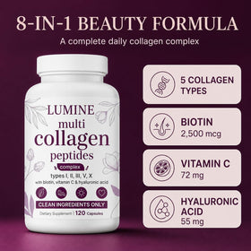Flacon LUMINE Multi Collagen Complex avec capsules à côté