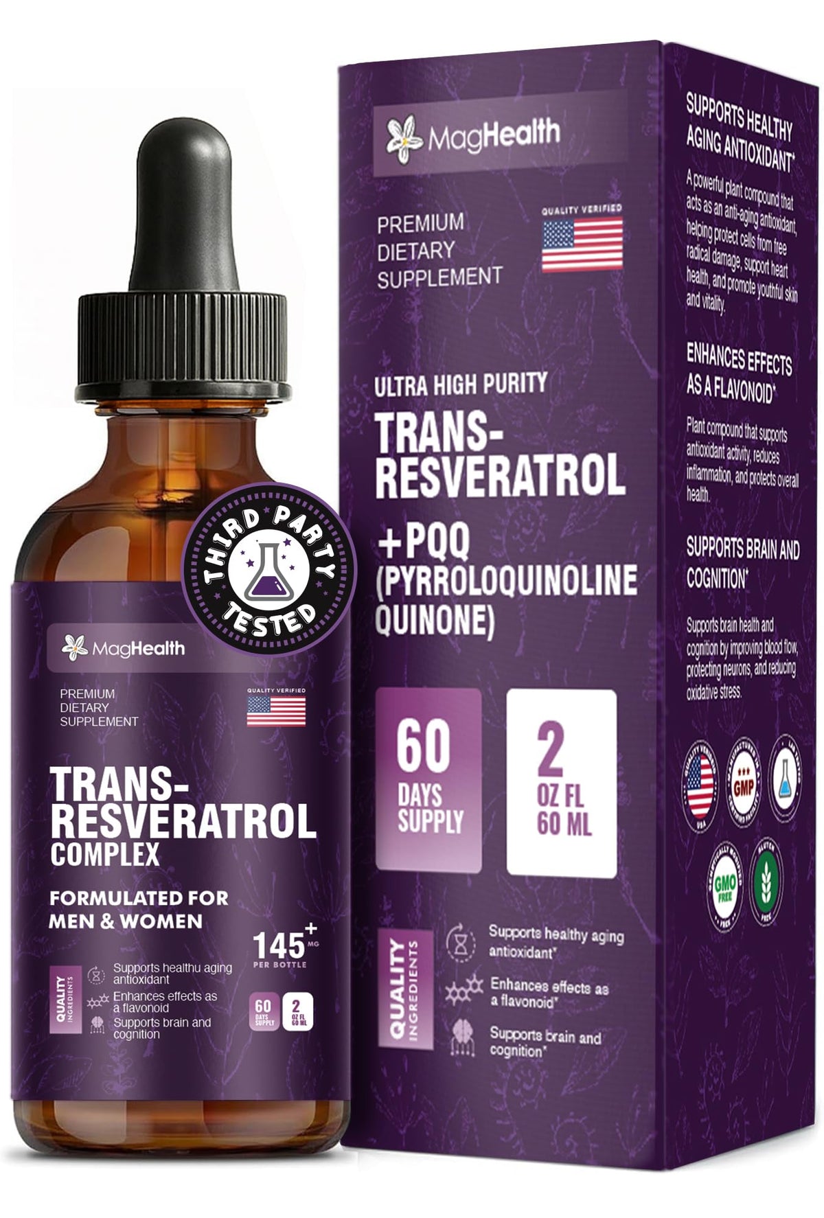 Flacon MagHealth Trans-Resveratrol 100mg 2 oz avec étiquette