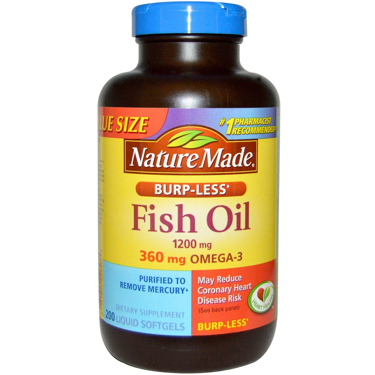 Flacon Nature Made huile de poisson Burp-Less 1200 mg avec 200 gélules liquides