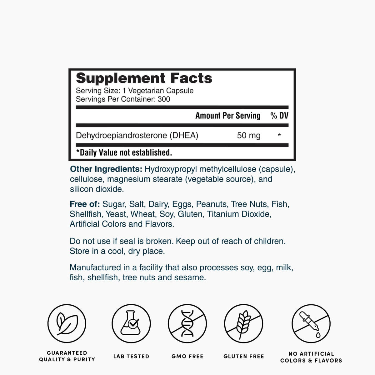 Flacon Nature's Lab DHEA 50mg ouvert avec capsules
