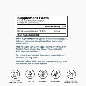 Flacon Nature's Lab DHEA 50mg ouvert avec capsules