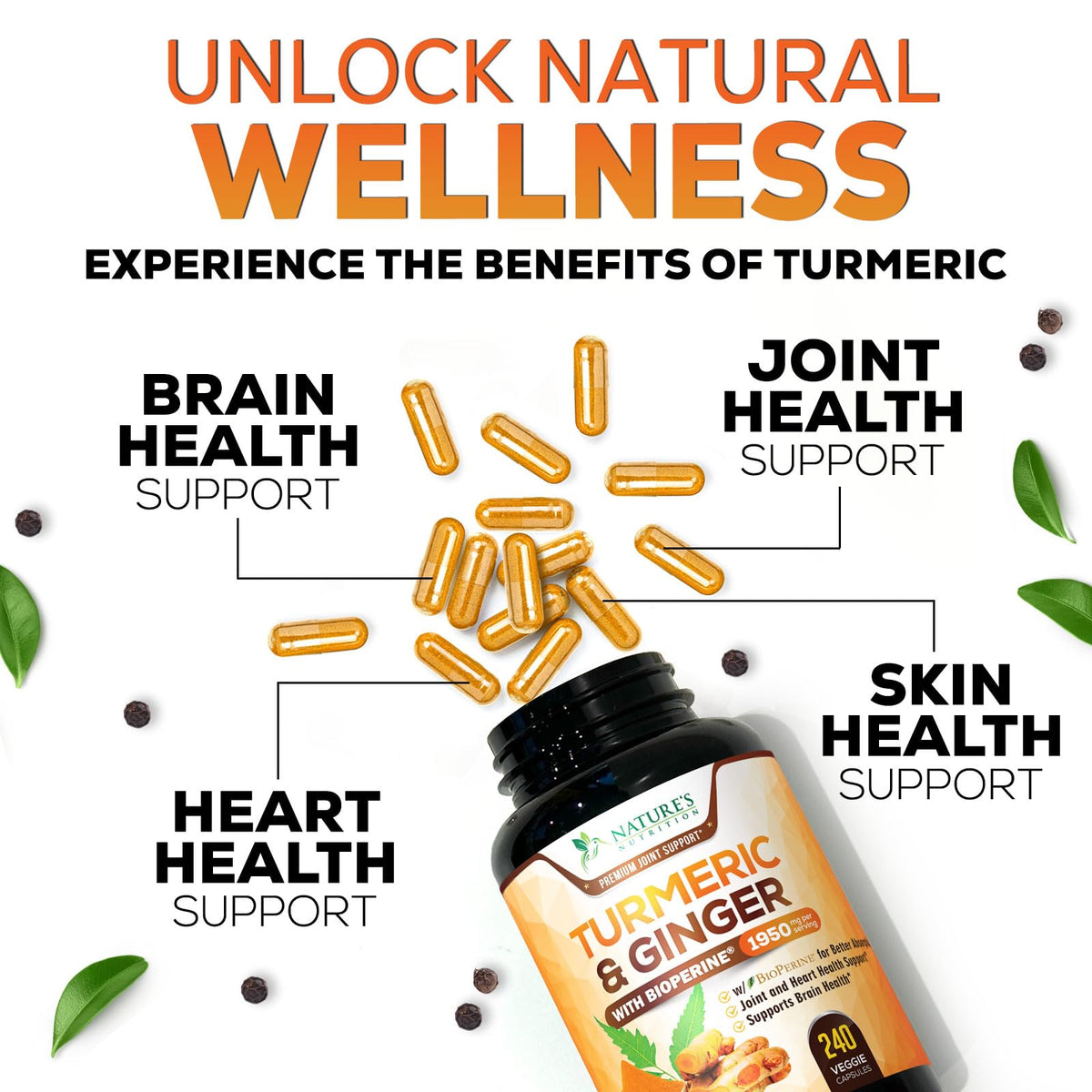 Flacon Nature's Nutrition Curcuma avec informations nutritionnelles
