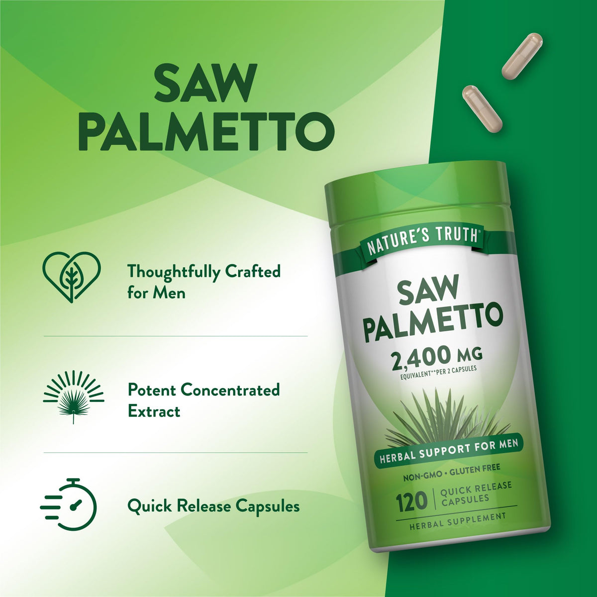 Flacon Nature's Truth de Saw Palmetto sur un fond naturel