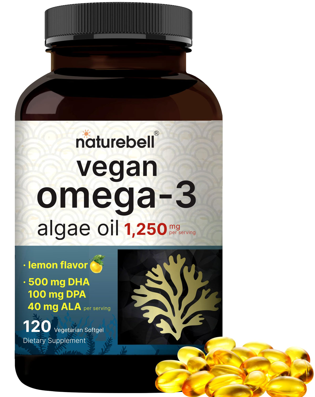 Flacon NatureBell d'huile d'algue Omega 3 végétale 120 gélules