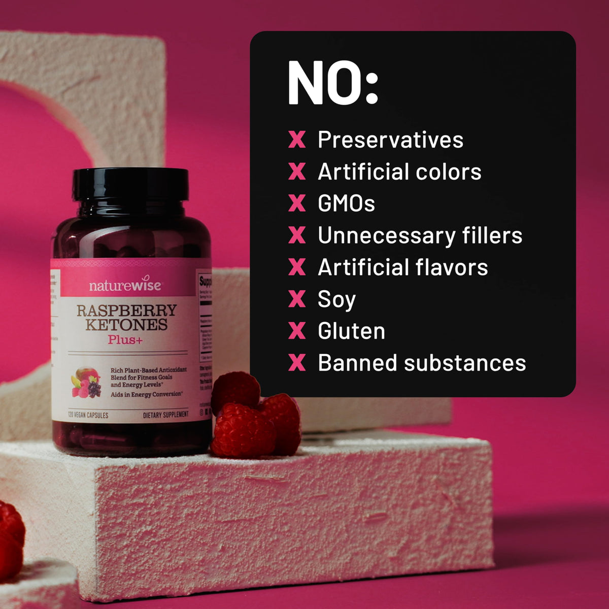 Flacon NatureWise Cétones de Framboise dans une cuisine