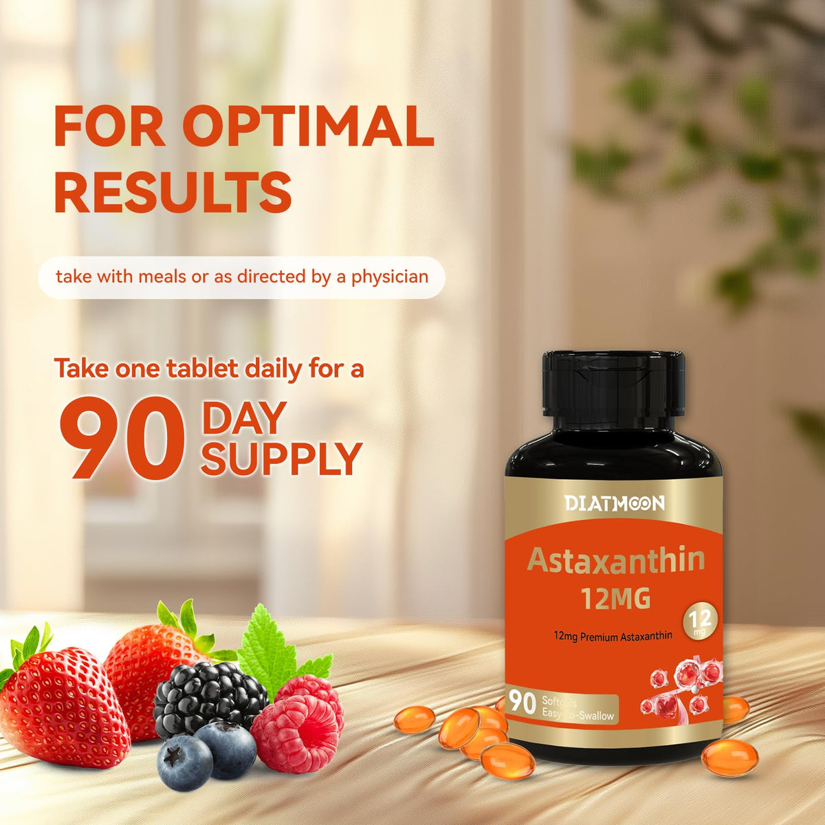 Flacon noir de DIATMOON Astaxanthin avec étiquette visible