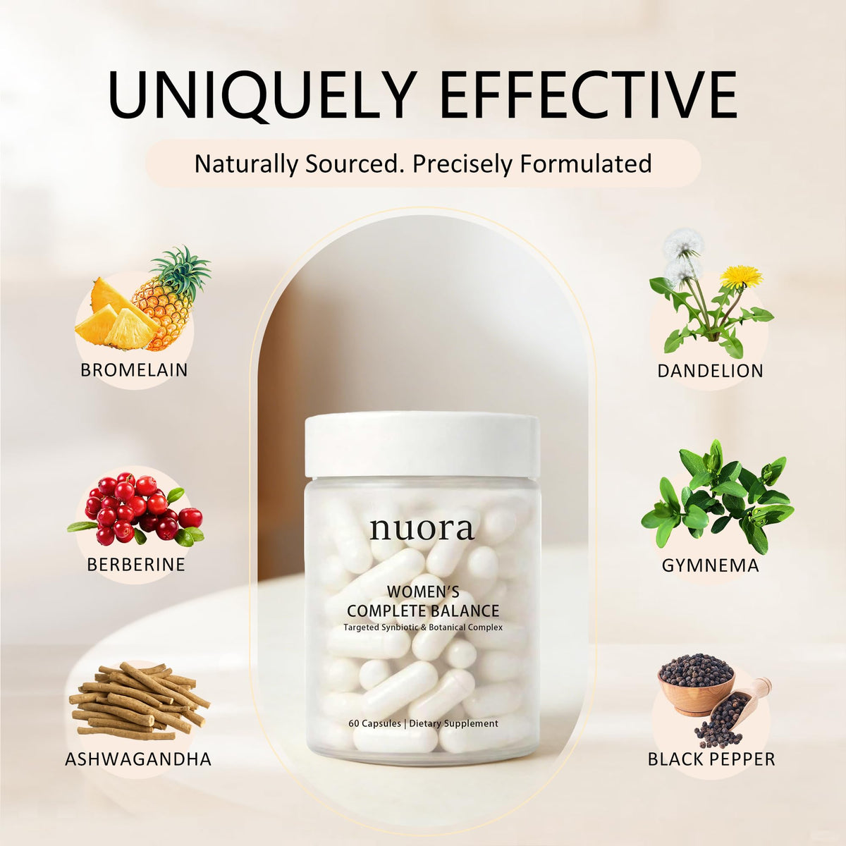 Flacon nuora avec capsules sur fond blanc
