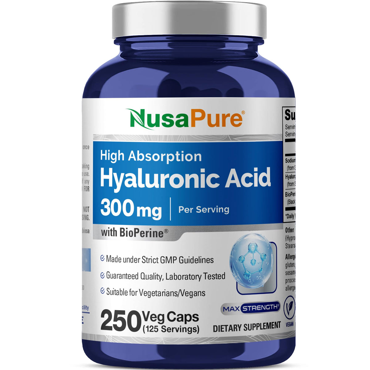 Flacon NusaPure Acide Hyaluronique 300mg 250 gélules végétales vue de face