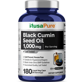 Flacon NusaPure d'huile de graines de cumin noir 1000 mg, vue de face