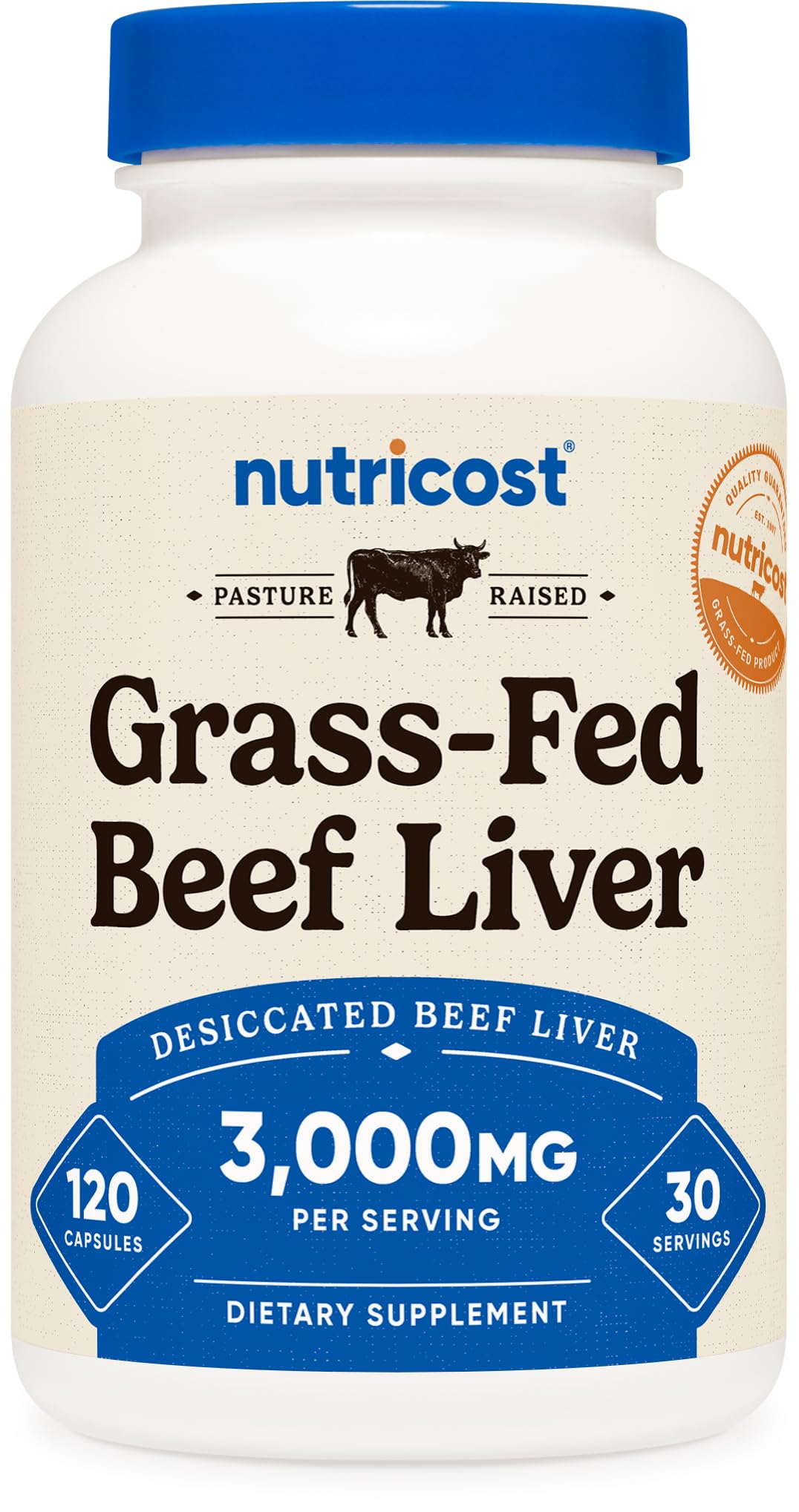 Flacon Nutricost avec 120 capsules de foie de bœuf déshydraté