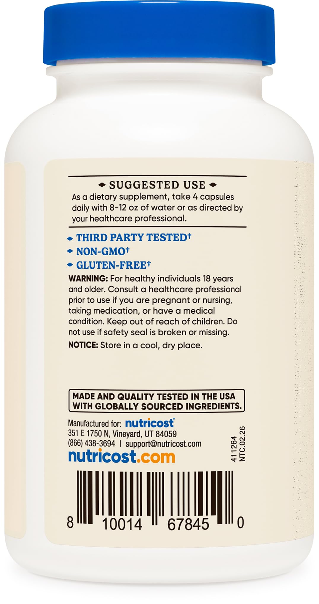 Flacon Nutricost avec étiquette indiquant 3000mg par portion