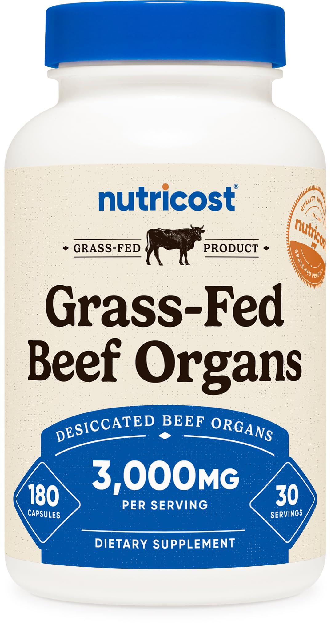 Flacon Nutricost de 180 gélules d'organes de boeuf déséchés