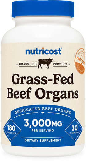 Flacon Nutricost de 180 gélules d'organes de boeuf déséchés