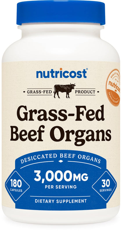 Flacon Nutricost de 180 gélules d'organes de boeuf déséchés