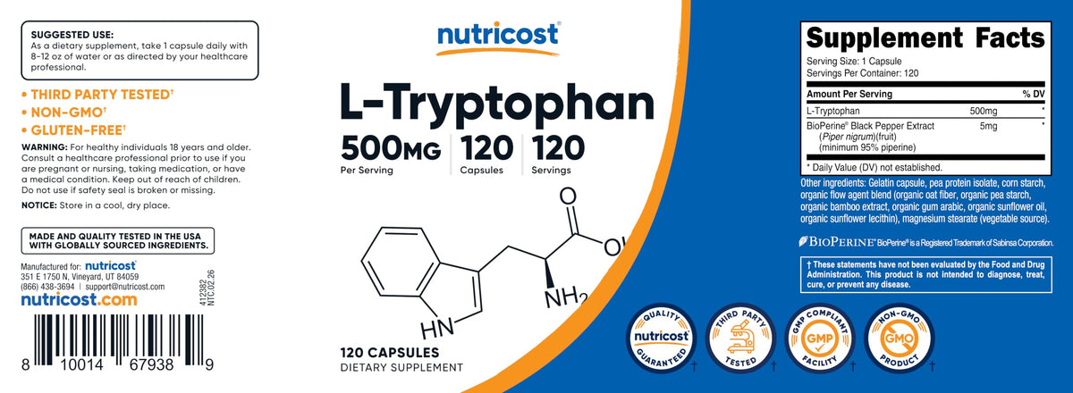 Flacon Nutricost L-Tryptophan 120 capsules vu de côté